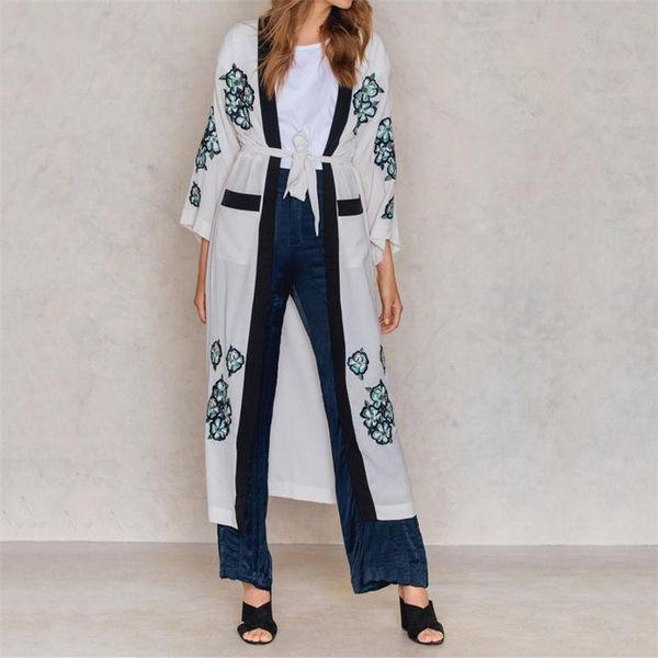 Blusas de mujer Camisas 2023 Casual bordado frente abierto auto cinturón largo kimono cardigan más tamaño boho ropa de playa ropa mujeres tops y