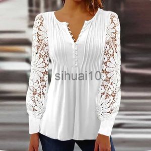 Dames Blouses Shirts 2023 Casual Lente Zomer Dames Shirt Vintage Knoop V-hals Borduursel Bloem Kant Blouse met lange mouwen Tops Pullover J230621