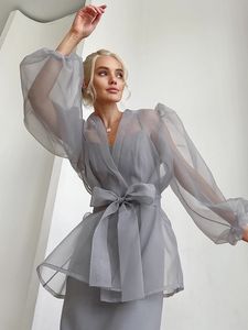 Blouses pour femmes chemises 2023 printemps été femmes élégantes à manches longues solide gris maille chemise dames pure mousseline de soie Blouse pour femme femme 230404