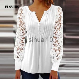 Damesblouses Overhemden 2023 Lente Zomer Nieuw Kant Lange mouwen Blouses Slanke V-hals Lange mouwen Casual Effen Kleur Truien Elegant Woon-werkverkeer Dames J230621