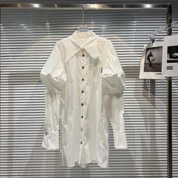 Женские блузки, рубашки, летние поступления 2023, длинные пышные рукава, отложной воротник, металлические пуговицы, свободное белое платье-рубашка, женское GF519