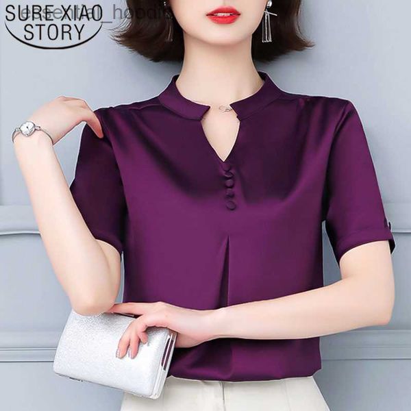 Blusas para mujer Camisas 2023 Moda de verano Tops para mujer Camisas de manga corta Blusa elegante informal para mujer Oficina Botón para mujer Ropa para mujer con cuello en V 5379 50 L230919