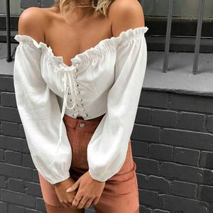 Blouses -shirts voor dames 2023 Zomer Uit schouder SEXY Women Blouse shirt veter omhoog lange mouw witte massief kort verband bijgesneden tops oranje