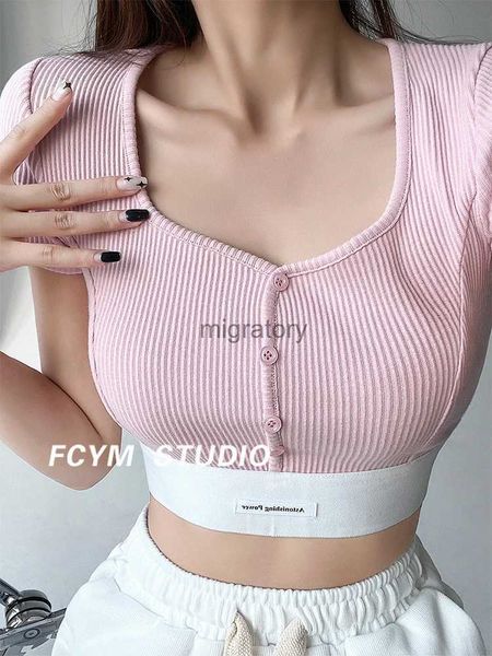 Blusas de mujer Camisas 2023 Verano Mujeres Patchwork Crop Tops O-cuello Manga corta Apretado Sexy Tee Hot Girls Harajuku Vintage Camiseta Streetwear Clubwear YQ231213