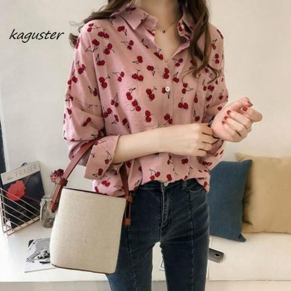 Chemisiers pour femmes Chemises 2023 Femmes Chemisier à manches longues Femme Lâche Version coréenne Sweet Cherry Print Tops Printemps Automne Office Lady Imprimé