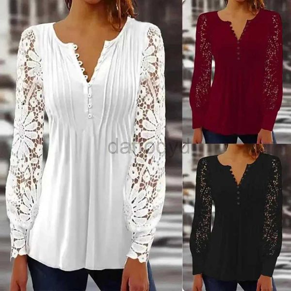 Chemises de chemisiers pour femmes 2024 Blouses causales élégantes Fashion Soild V-Col à col long Shirts Lace Hollow Out Patchwork Design Office Lady Tops 240411