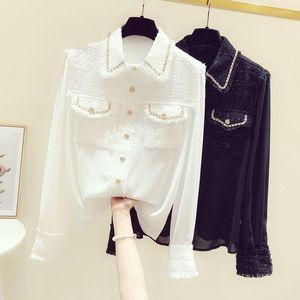 Blouses -shirts voor dames 2024 Runway -ontwerper Autumnumhirt Top Fashion Women Tweed Patchwork Chiffon Gold Single Breasted Tassel Weave