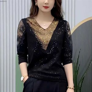 Chemises de chemisiers pour femmes 4xl Femmes Summer Summer Automne Shirt Fashion Fashion Malf Half Mancheves V-Neck Sequin Lace Broidered Top WY0808L2405