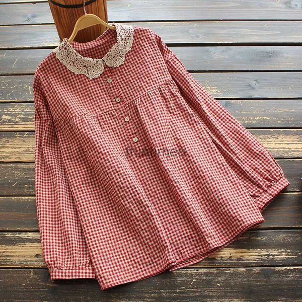 Camisas de blusas para mujeres 8289 NUEVA Autumn Women Blusa Japan Style Mori Girl Literary Plaid Lace Turndown Collar de manga larga Camisa de lino de algodón YQ231223