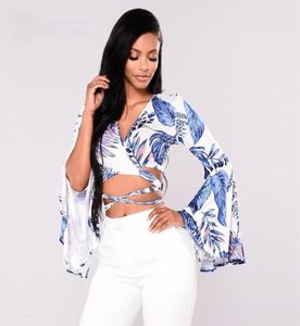 Chemises de chemisiers pour femmes Aecu Summer Femme V-Neck Blouse sexy Long Flare Sleeve Imprimerie courte enveloppe de bracelet Top Tie Shirt 20218812610