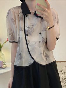 Blouses Femmes Chemises Alien Kitty Sweet Ink Peinture Femmes Slim All Match Summer Fashion Office Lady Florals Casual Manches courtes Chic