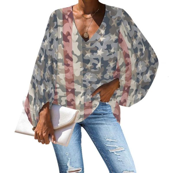 Chemises de chemisiers pour femmes Modèle de camouflage de drapeau américain Marque de vêtements féminin Mariffon Top d'été pour les adolescentes Tops pour femmes imprimées et BL