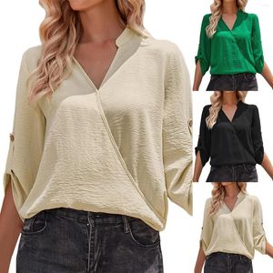 Damesblouses Overhemden en gebreide dames Effen Casual V-hals Losse opgerolde lange mouwen Polyester T-shirt Dames