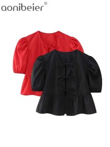 Chemises de chemisiers pour femmes Aonibeier Y2k Black Red Bow Womens Casual Shirt Traf 2024 Spring Puff Regins ultra-minces à manches courtes Crop Top Sweet Girll2404