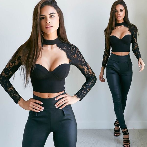 Blusas de mujer Camisas Ropa Estilo de verano elegante top corto de ganchillo de encaje negro Niñas Blusa negra de manga larga sexy ahueca hacia fuera la camisa tops 230217