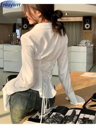 Damesblouses Overhemden Collectie Lente Zomer 2023 Koreaanse Mode Kleding Kantoor Dame Terug Vetersluiting Flare Mouw Slanke Tops Wit Elegant 231018