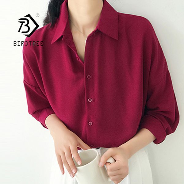 Blouses Femme Chemises Arrivée Femmes Solide Col Rabattu Chemisier En Mousseline De Soie Oversize Boutonné Vin Rouge Chemise Corée Style Feminina Blusa T9O905F 230309