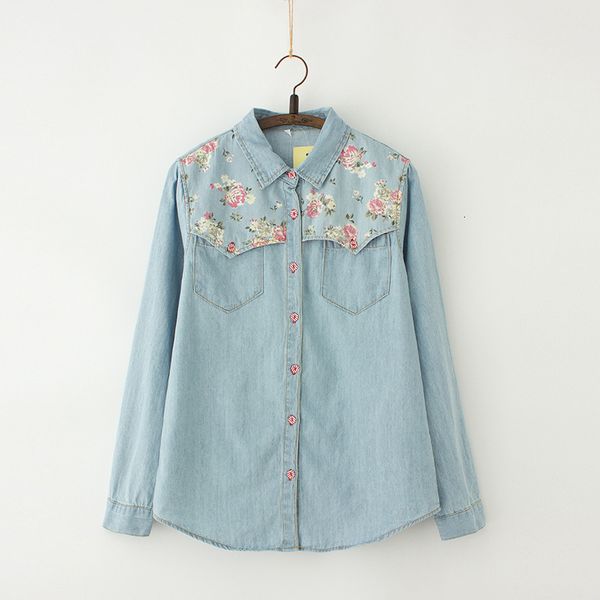 Femmes Blouses Chemises Automne Denim Blouse Plus La Taille 4XL Femmes Lâche Tops Fleur Imprimer Patchwork Jeans Blouses À Manches Longues Vintage Chemises Blusas AB327 230417