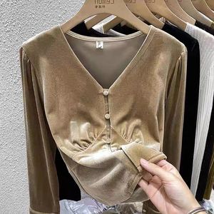 Blusas de mujer camisas otoño nuevo oro terciopelo diseño avanzado sensación manga de burbuja Top de manga larga extranjero