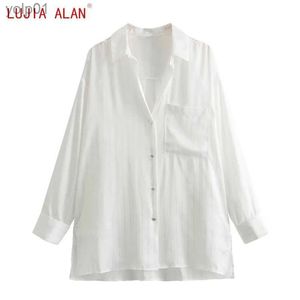 Blouses Femme Chemises Automne Nouvelles Femmes Bouton Décoration Rayé Satin Chemise Fe Long Sle Chemisier Décontracté Fente Latérale Lâche Tops LUJIA ALAN B2699L231214