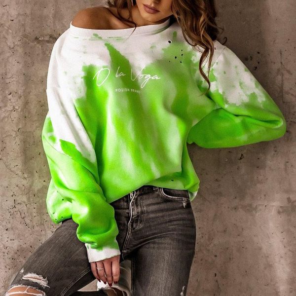 Blouses Femmes Chemises Automne Imprimer Tie-Dye À Manches Longues O Cou Blouse Ample Ajustement Casual Bureau Travail Femmes Vert Mode 2021 Est