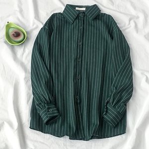 Blusas de mujer Camisas Otoño Raya retro Blusa de manga larga para mujer Estilo coreano Streetwear Camisa con botones vintage Moda para mujer Tops verdes 230309