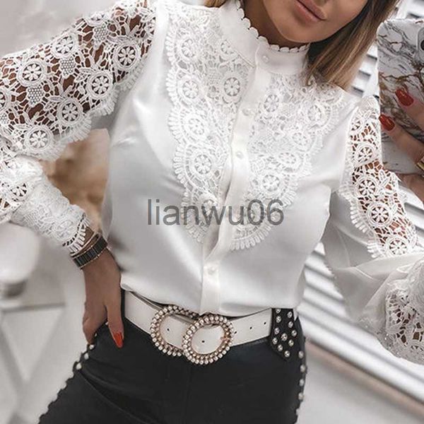 Femmes Blouses Chemises Automne Sexy Dentelle Patchwork Évider Chemise De Mode Blanc Vintage À Manches Longues Tops Bouton Maille Crochet Dentelle Blouse Femmes 13267 J230802