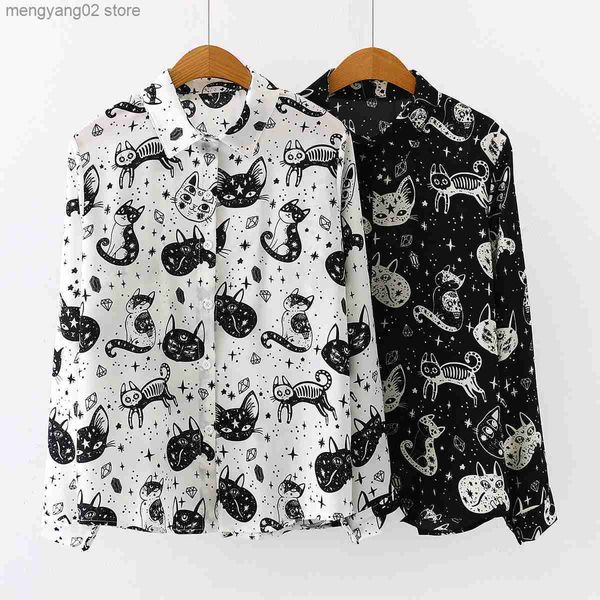 Blouses Femme Chemises Automne Printemps Femmes Chemises Noir Blanc Dessin Animé Chat Imprimé Blouses Mode Mince À Manches Longues En Mousseline De Soie Chemise Femme Hauts Blusas Mujer T230508