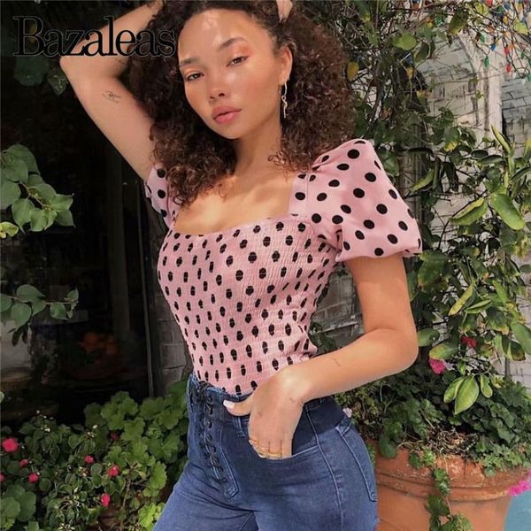 Chemisiers pour femmes Chemises Bazaleas Vintage Pink Dot Print Blusas élastiques à manches bouffantes Blusa Feminina Fashion Backless Tie Blouse Women Drop Sh