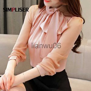 Dames Blouses Shirts Zwart Grijs Roze Wit Dunne Shirts Vrouwen Boog Chiffon Blouses Plus Size Dames Kantoor Werkkleding Tops Elegante Koreaanse Stijl Kleding J230802