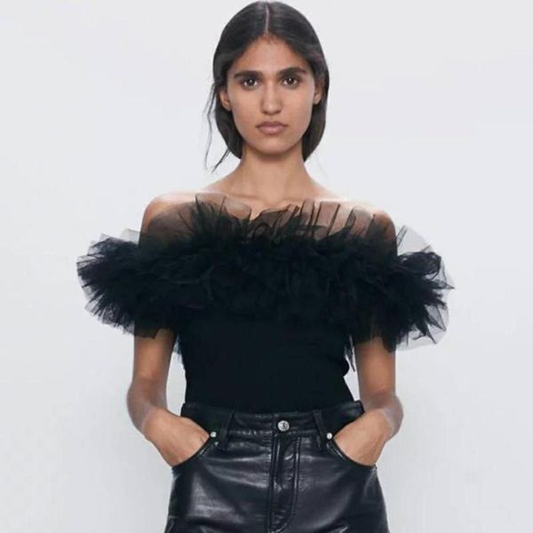 Chemisiers pour femmes chemises noir volants Tulle court haut pour femme chemisier d'été 2022 hors de l'épaule mode femme haut sur mesure pour femmes