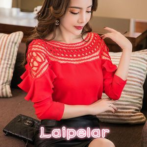 Blouses-shirts voor dames Zwart Wit Red Purple Slash Neck Off-Shoulder Tops Openwork Chiffon Shirt Lange Mouw Spring Summer Women Fashion