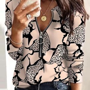 Blusas de mujer Camisas Blusa Moda Impresión digital Cremallera Manga larga Camisa casual Trabajo Desplazamientos Tops ajustados femeninos Blusas Elegantes 2023 231011