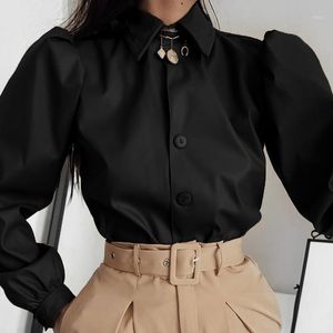 Chemisier femme Chemises Chemisier Printemps Hauts En Cuir Vintage Manches Longues Rabattu Couleur Unie Streetwear Décontracté Coupe Slim Femme