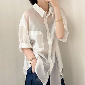 Blusas para mujer, camisas, blusa para mujer, camisa Sexy con cordones para oficina, blusas de manga tres cuartos de malla para mujer, blusas holgadas de verano 2021 para mujer