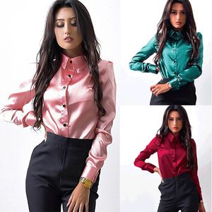 Damesblouses Overhemden Blusa damesblouse Elegant wijnrood groen satijnen overhemd Kraagvorm Lange mouw Vrouwelijke formele kantoor OL-blouse Damestops 230603