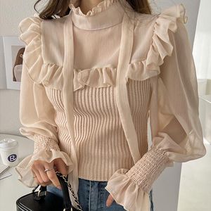 Chemisiers pour femmes Chemises Blusas Mujer De Mode Printemps Coréen En Mousseline De Soie Couture Chandail Tricoté Élégant Col Haut À Lacets Chemise Femme