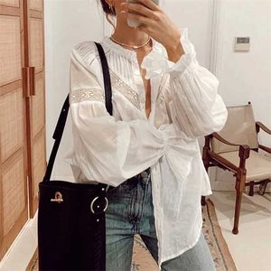 Blouses voor damesoverhemden Boho geïnspireerde semi -pure witte blouse voor vrouwelijke fronsen halslijn knopen naar beneden sexy dames tops dames dames met lange mouwen blouse shirt 220923