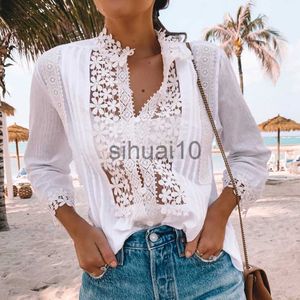 Chemisiers pour femmes Chemises Boho INSPIRED chemise boho blanche Chemisier en dentelle pour femme Patchwork de dentelle florale Chemise évidée CROCHET LACE TOP automne dames tops J230621