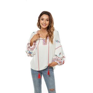 Damesblouses Overhemden Boho Rayon Katoen O-hals Pullover Geborduurd Top Stropdas Strik Shirt met lange mouwen Dames Voor Dames Blusones De MujerWomen