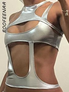 Damesblouses Overhemden BOOFEENAA Metallic Zilver Uitgesneden Strakke Crop Top Y2k Street chic Cyber Core Hollow Tank Tops Sexy Festivals Outfits Dames C87-BZ15 YQ240120