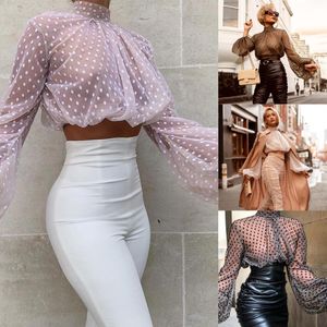 Blouses Femmes Chemises Marque Manches Bouffantes Crop Top Femmes See-through Sheer Mesh Tank Dot Imprimer Turtle Neck Shirt Blouse Mode Femme Tops