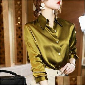 Chemises de chemisiers pour femmes Talle de luxe Femmes Shirt Elegant Office Bouth Up Long Sleve Momi Silk Crepe Satin Business Ladies DHP92