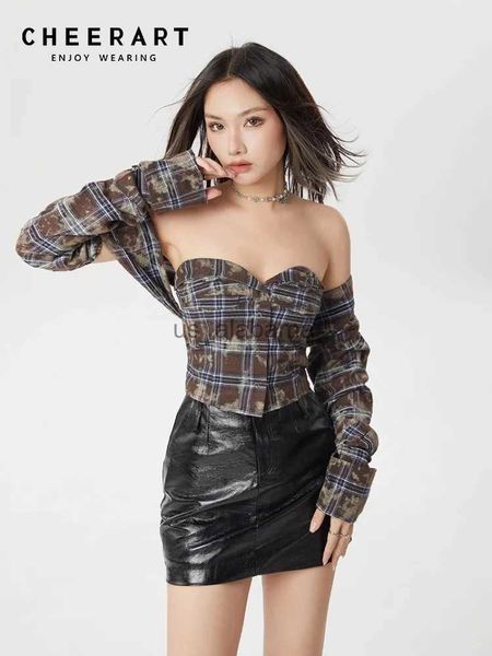 Blouses Femmes Chemises CHEERART Batik Plaid Corset Top Marron Boutonné Sur L'épaule Chemise Pour Femmes 2023 Y2k Fashion Designer Top Vêtements YQ231214