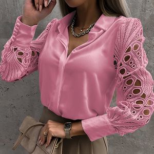 Blouses -shirts voor dames chique vintage hol uit kant vrouwen shirt witte lange mouw elegante blouse dames mode losse groene roze knop shirts top 23682 230211