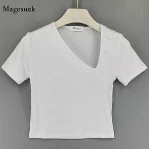 Chemisiers pour femmes Chemises Chic Asymétrie en V Col Oblique Manches Courtes Chemisier Blanc Serré Femmes Style Coréen Moulante Sexy Tops Pull T-shirts 12180 230510