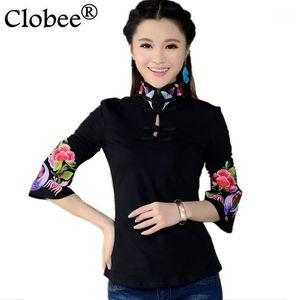 Damesblouses Shirts Chinese stijl shirt 2022 etnische zwart wit geborduurde blouse vrouwelijke lange mouwen Top Ropa Mujer Talla Grande 4XL 5