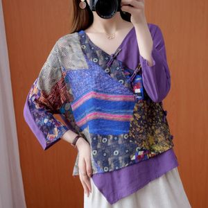 Damesblouses Shirts Chinese Stijl Womens Tops Vintage Gedrukt Linnen 2021 Lente Herfst Casual Losse Plus Size Kleding Onregelmatig