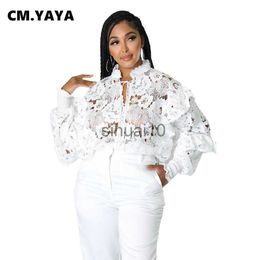 Vrouwen Blouses Shirts CM. YAYA Vrouwen Elegante Kant Zie Hoewel Ruches Lantaarn Lange Mouwen Bloemen Shirt en Blouse Tops J230621