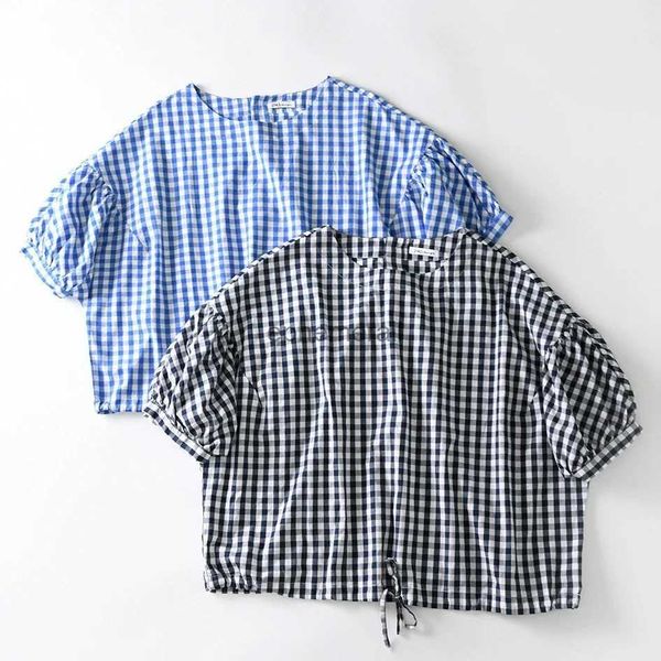 Blusas de mujer Camisas Algodón Gingham Plaid Puff Manga Cottage Core Camisa recortada Chica Moda Verano Dulce Kawaii Lindo Coreano Japón Azul Negro Top YQ231208